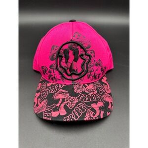 Top Level Trippy Mushroom Melting Smiley Face Snapback Hat Hot Pink Black Cap